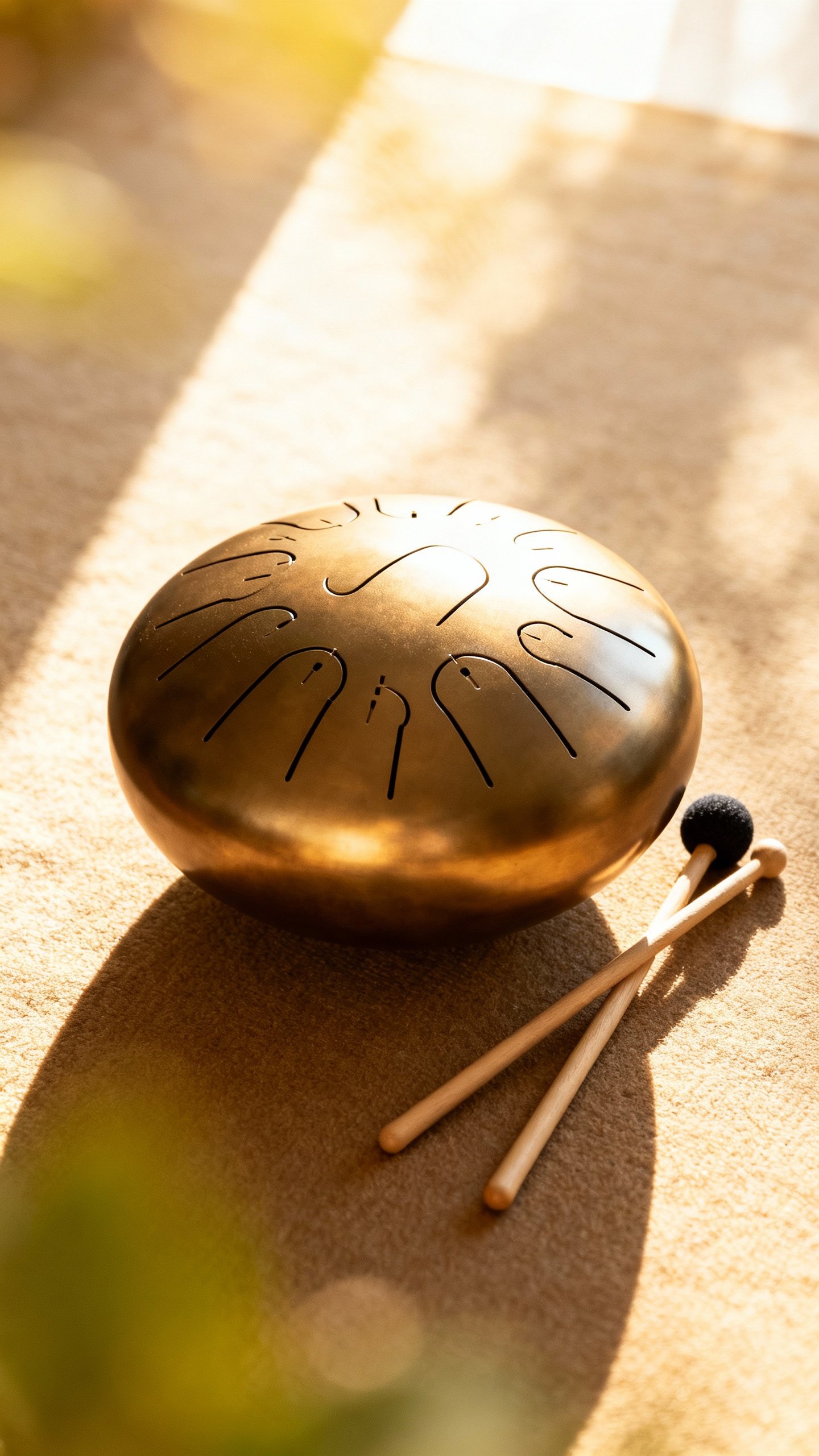 Overhead shot small steel tongue drum, mallets, soft morning light