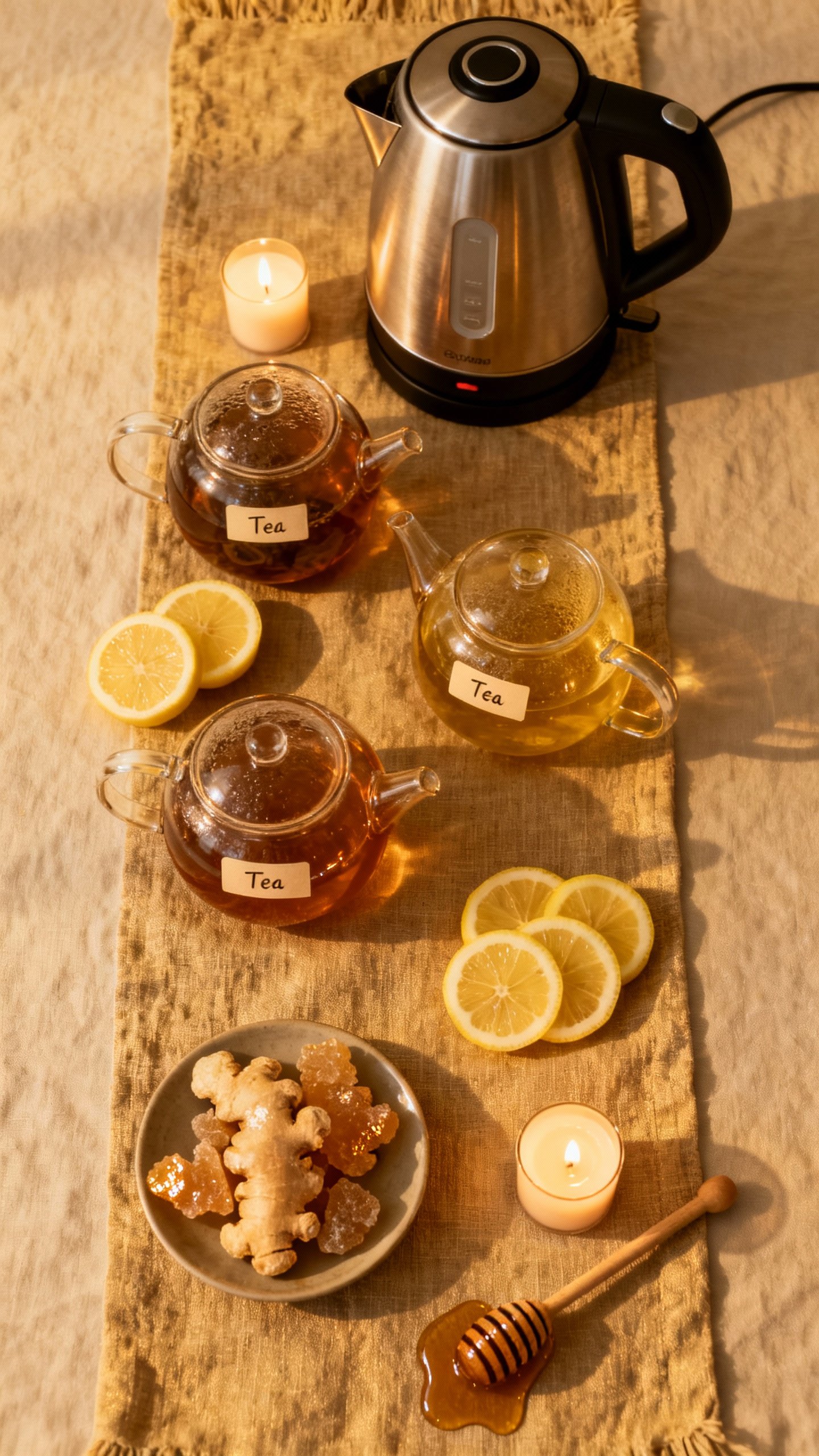 Overhead shot tea bar: labeled teapots, electric kettle, lemon slices, honey dipper, crystallized gi