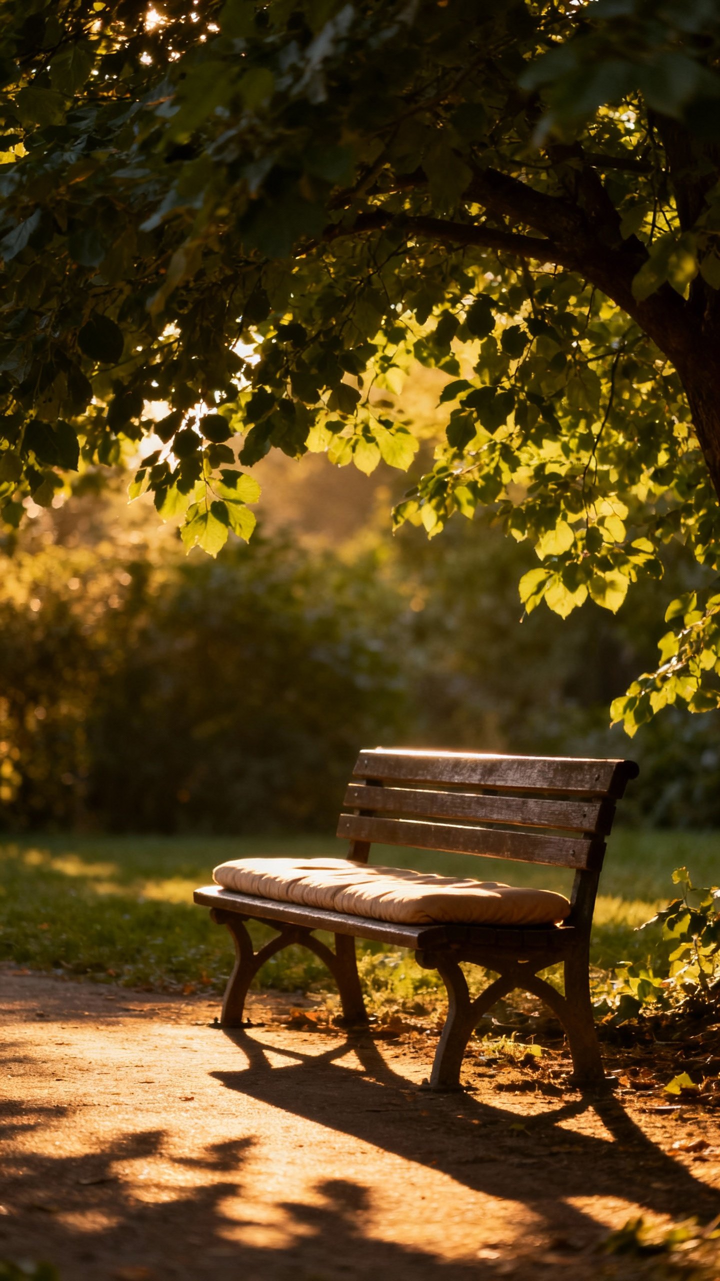 Park bench under leafy canopy, long late-afternoon shadows, sit pad visible
