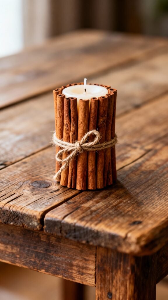 Pillar candle wrapped in vertical cinnamon sticks, twine knot, rustic table