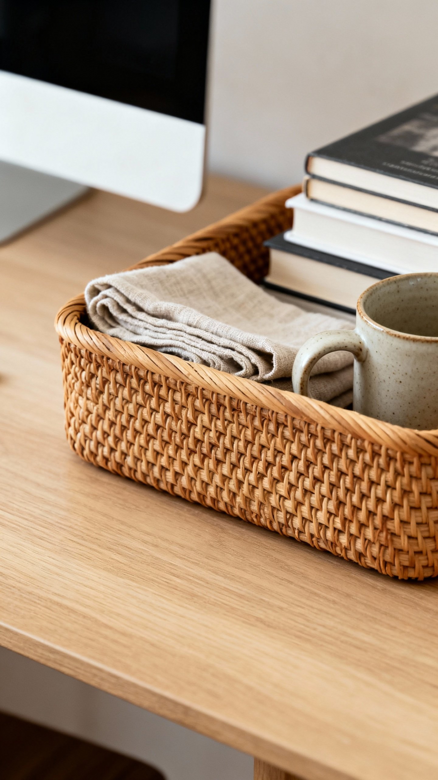 Roaming basket with mixed items on tidy desk