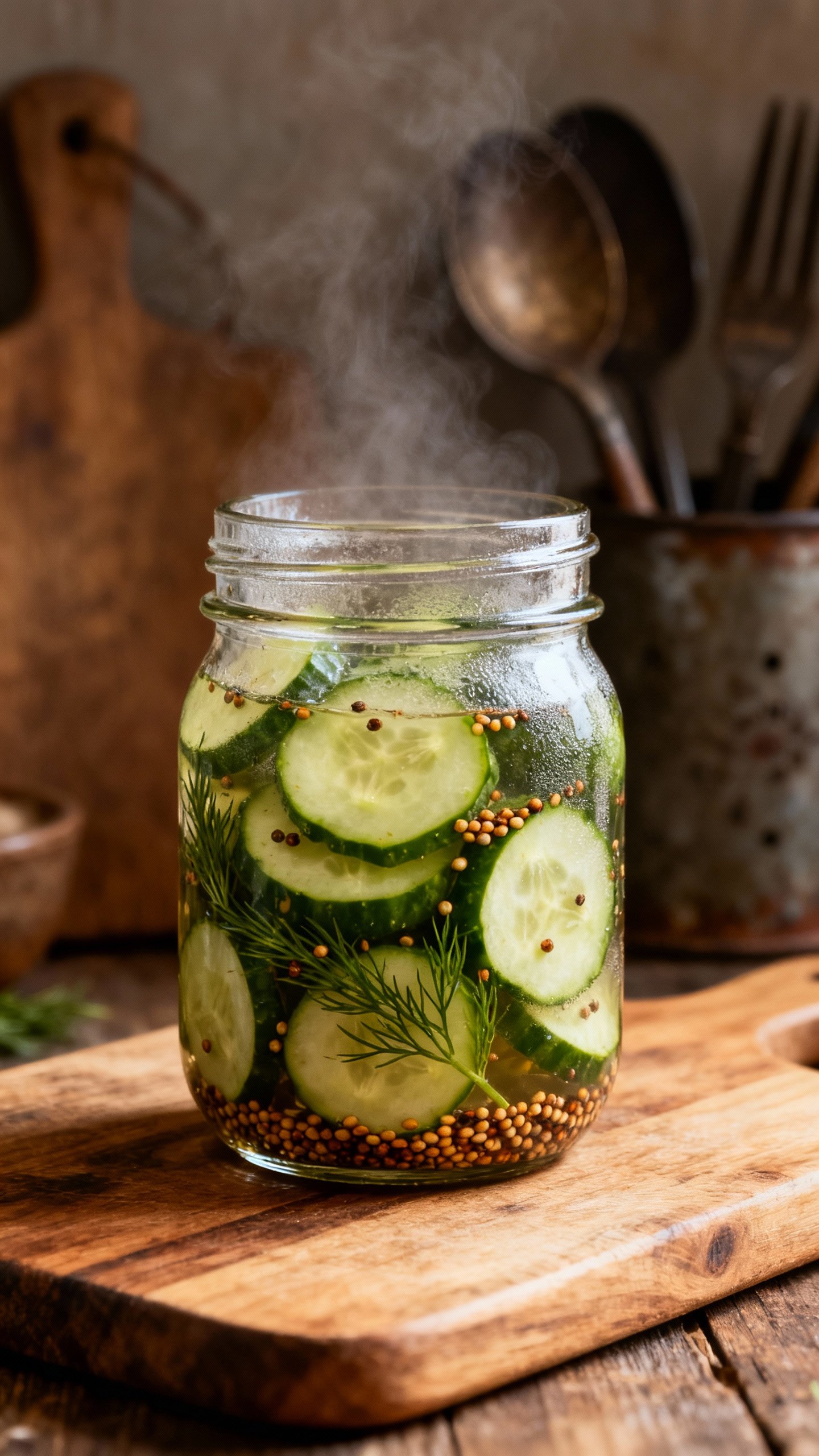 Rustic kitchen scene, sliced cucumbers in jar, quick pickle brine with spices