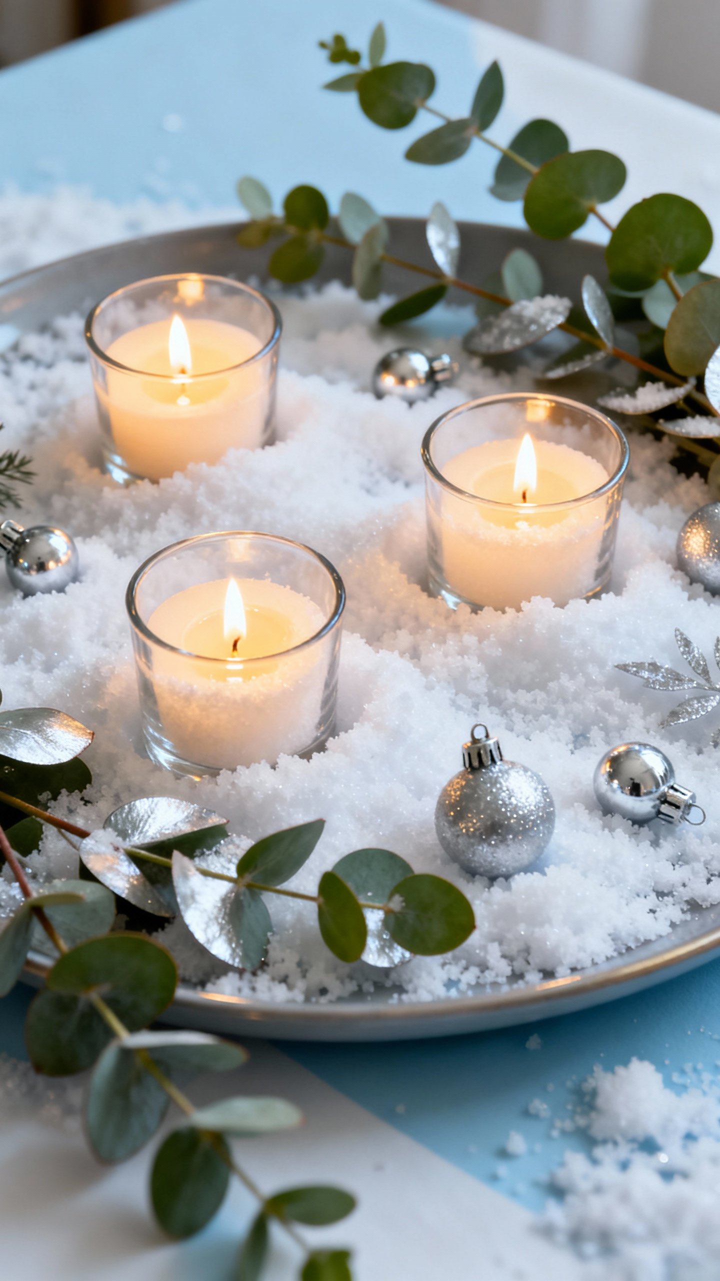 Shallow tray centerpiece with epsom salt “snow,” nestled tea lights, silver ornaments, eucalyptu