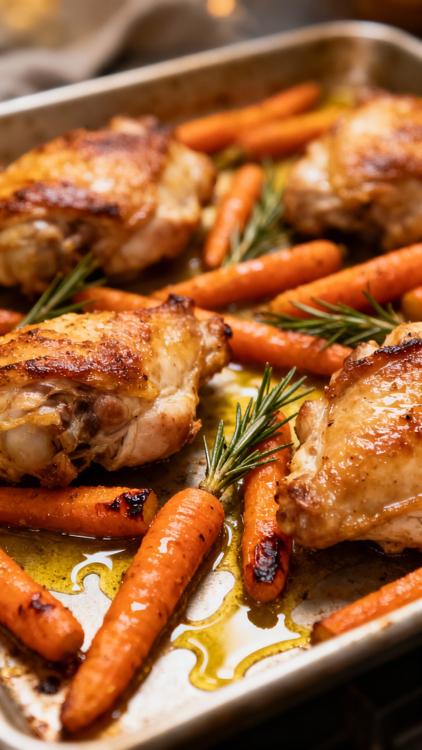 Sheet pan dinner closeup: roasted carrots, chicken thighs, rosemary, olive oil glisten