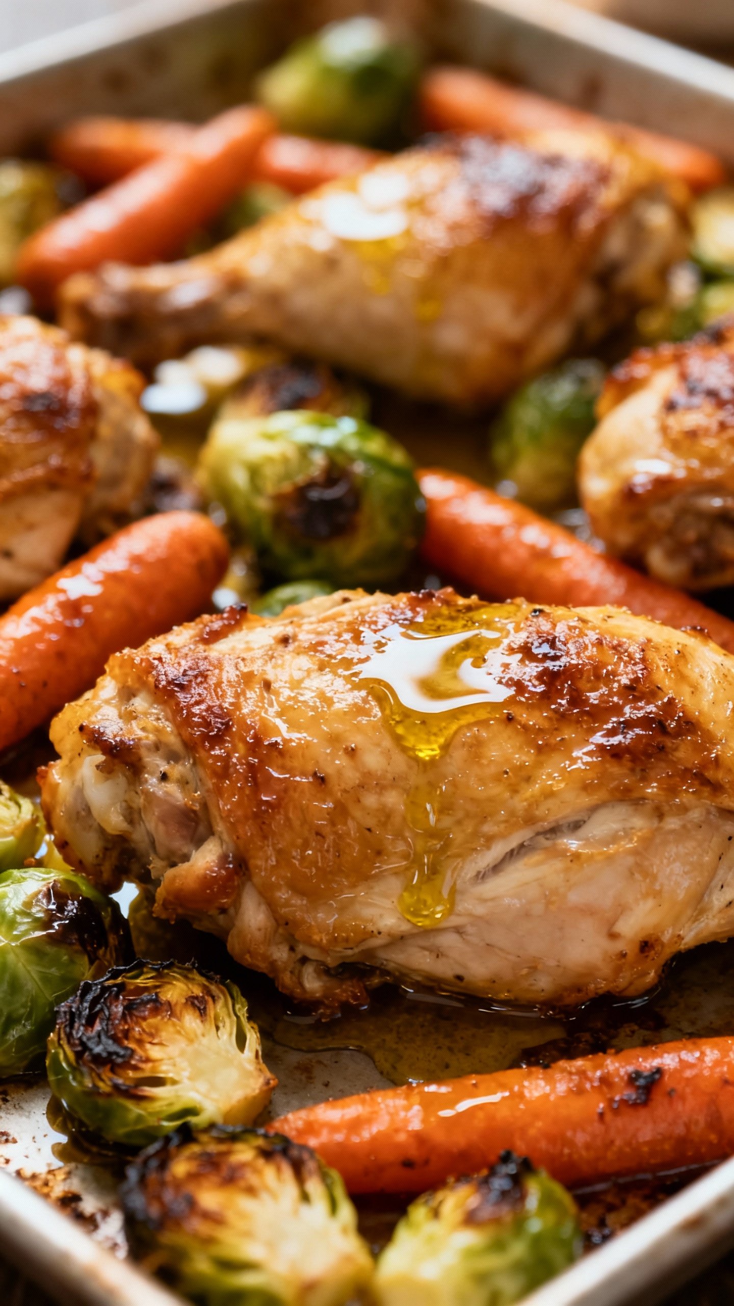 Sheet-pan dinner closeup: roasted chicken, carrots, Brussels sprouts, olive oil glisten