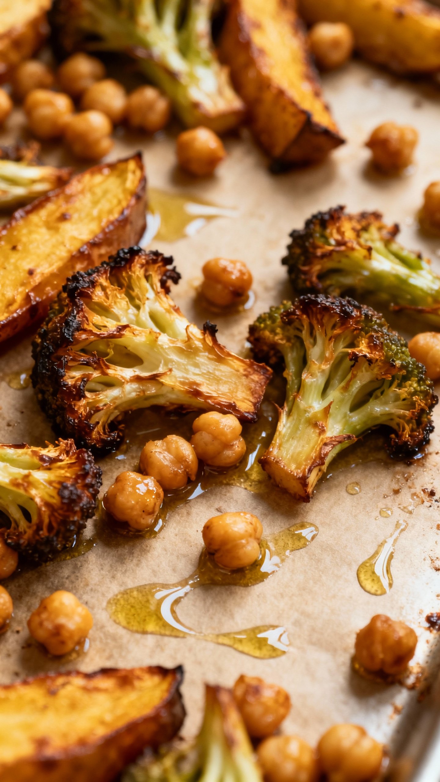 Sheet pan roasted vegetables and chickpeas, olive oil sheen, 425°F crisp edges