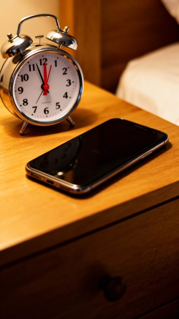 Smartphone face down on nightstand next to analog alarm clock