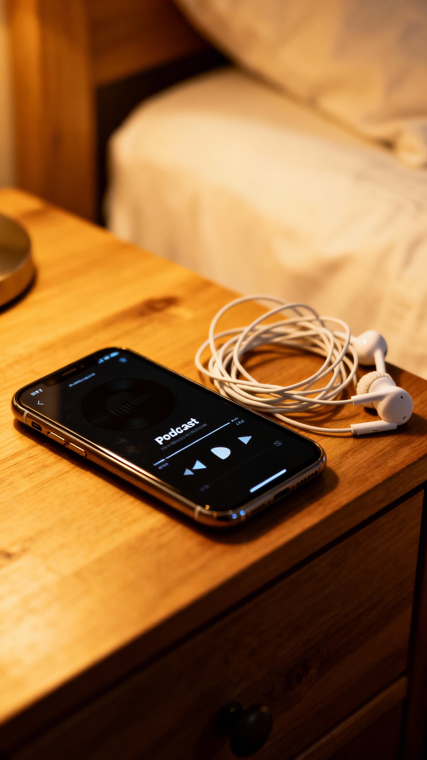 Smartphone on nightstand, podcast app paused, tangled headphones