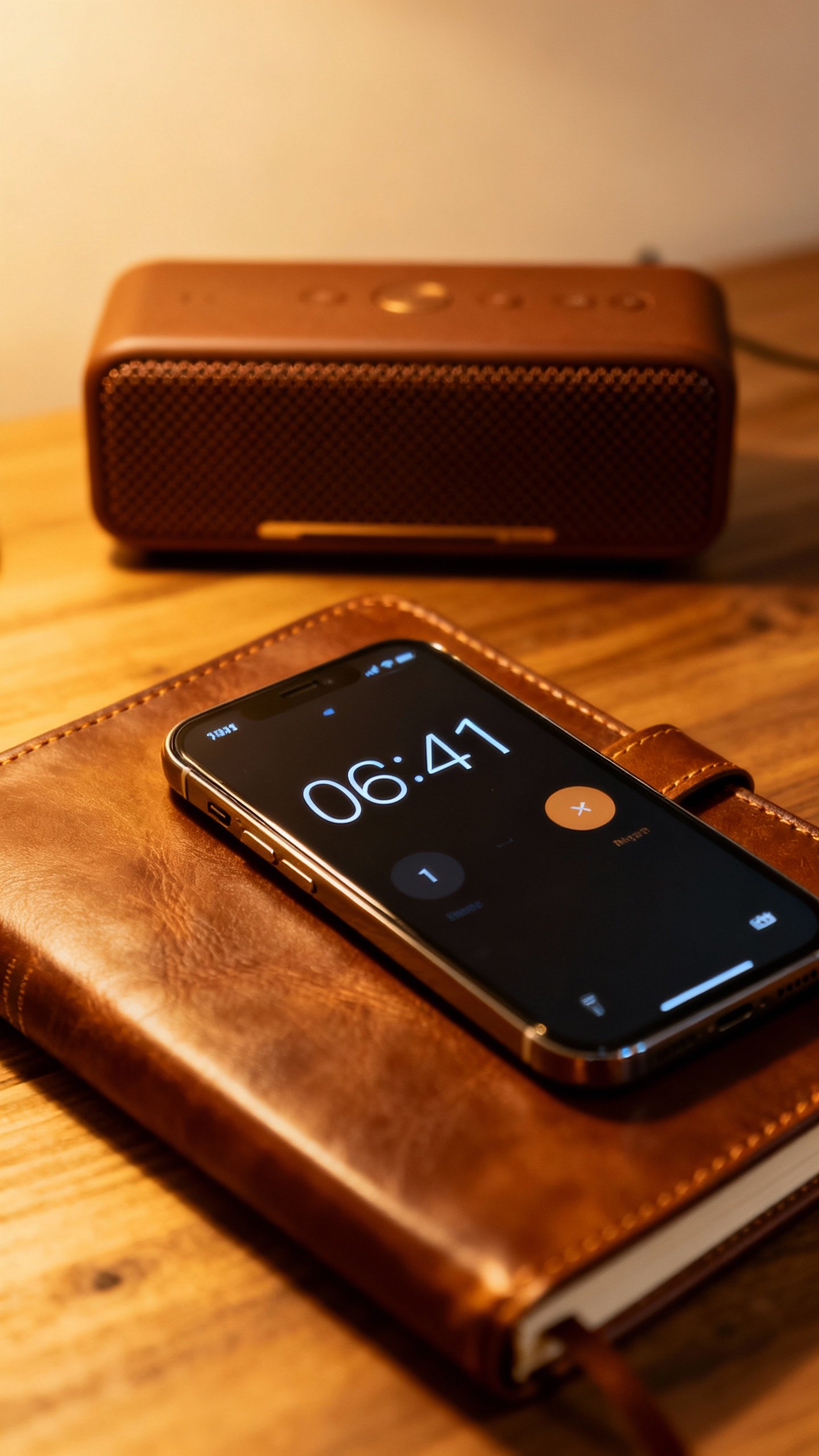 Smartphone timer beside journal, ambient pads scene, brown noise speaker