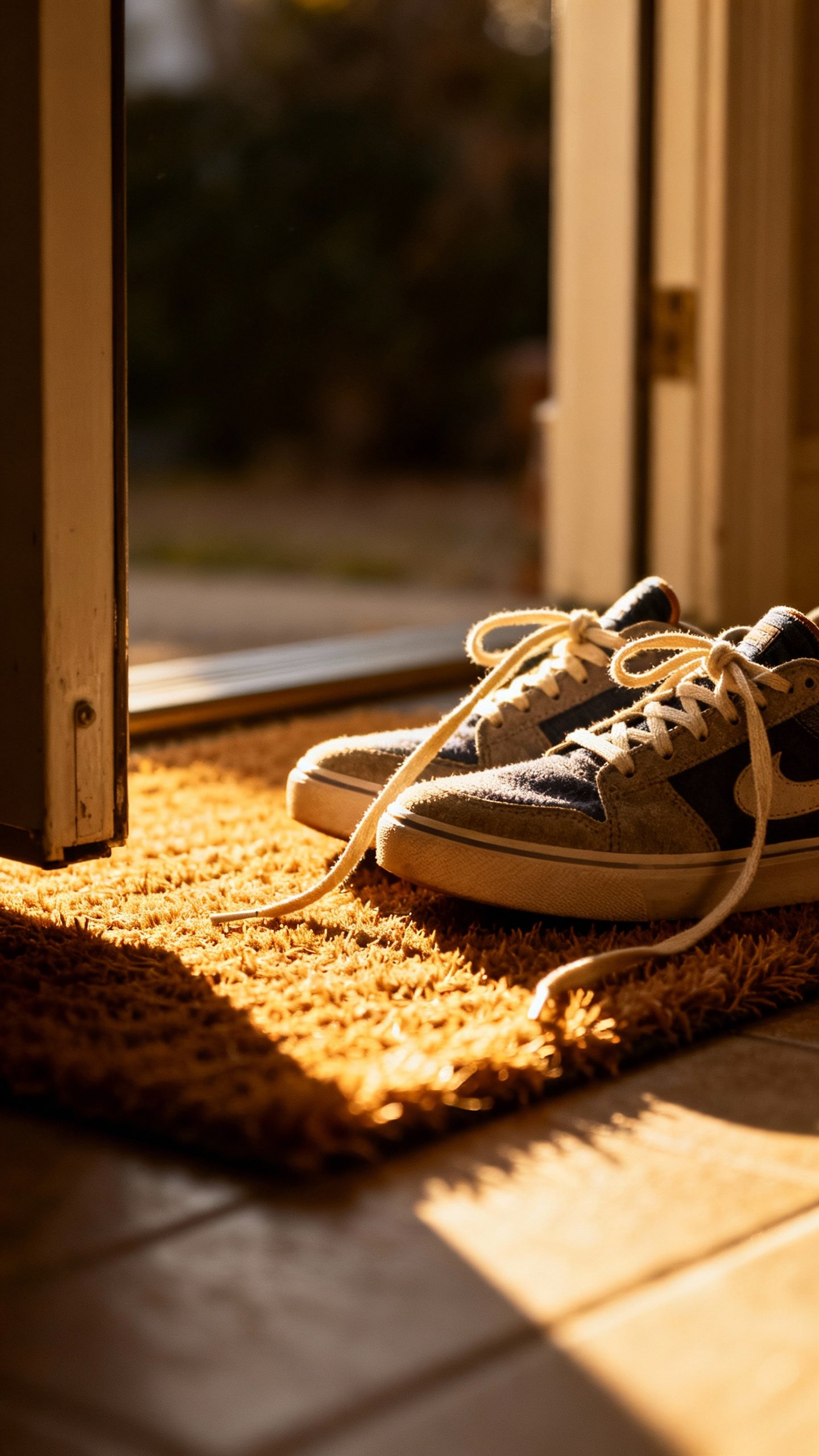Sneakers at doorway, laces half-tied, sunlight on doormat