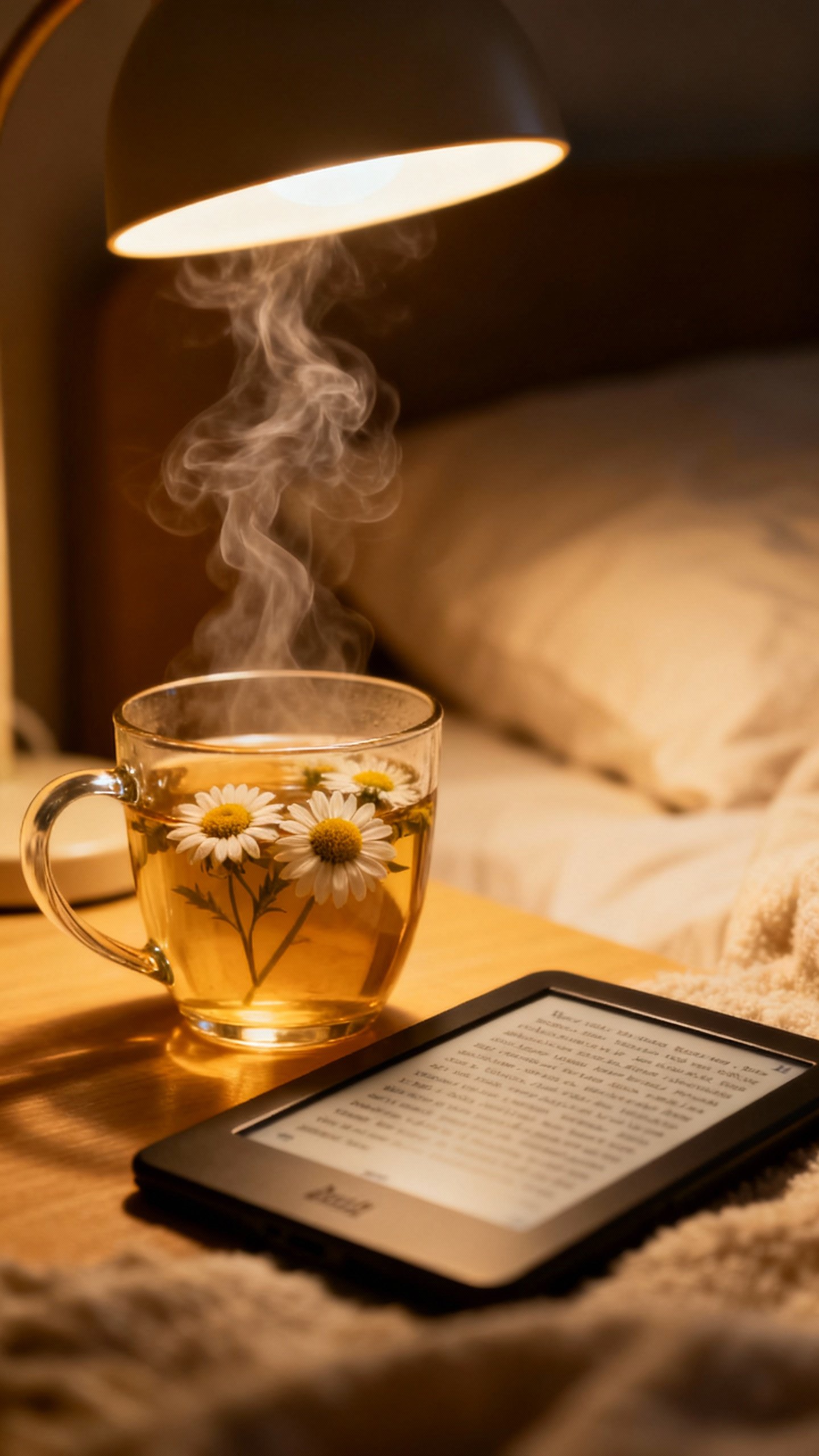 Steam rising from chamomile tea beside e-ink reader, dim bedside lamp