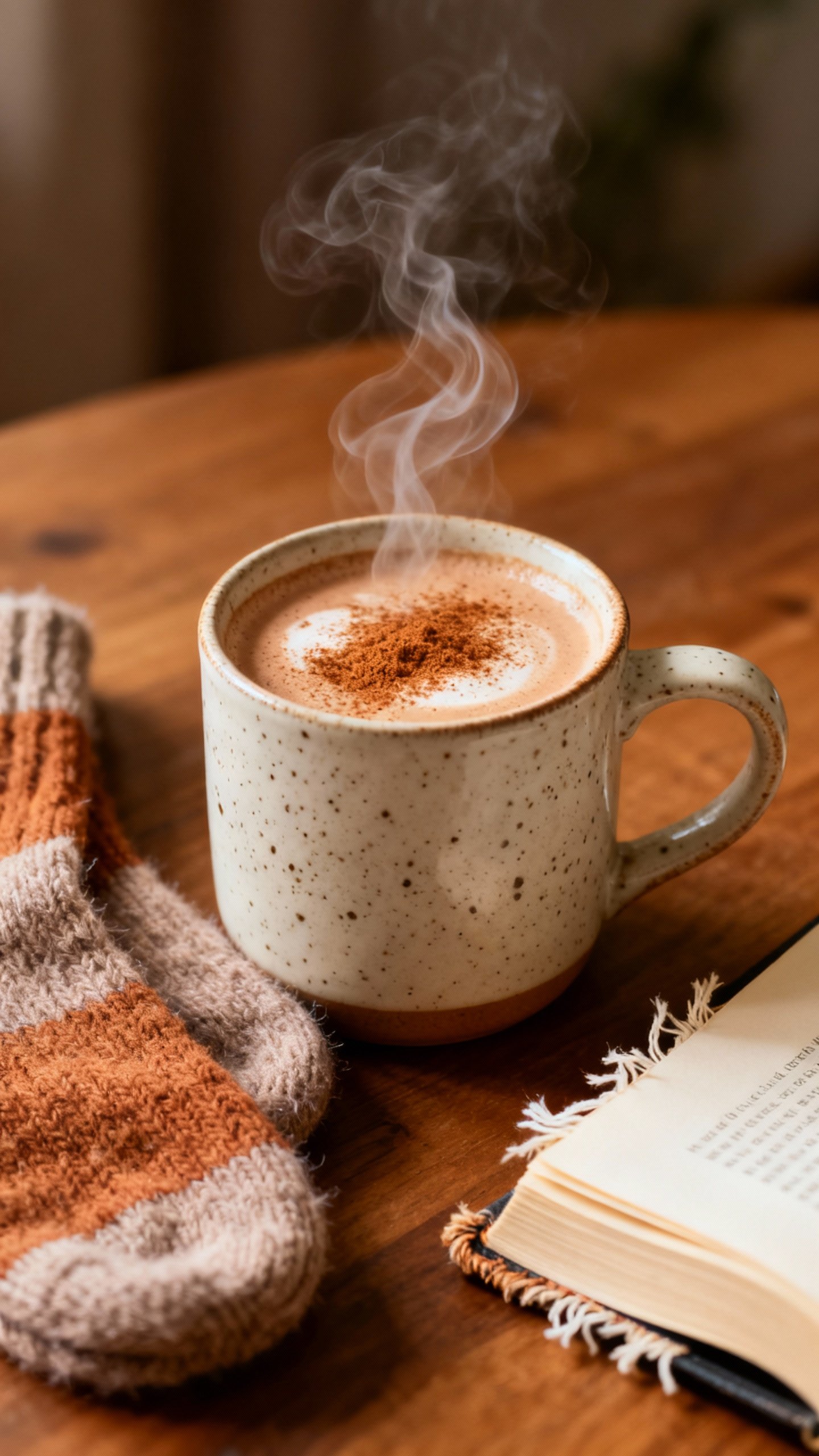 Steam rising from cinnamon-dusted chai latte in speckled mug, wool socks, book edge