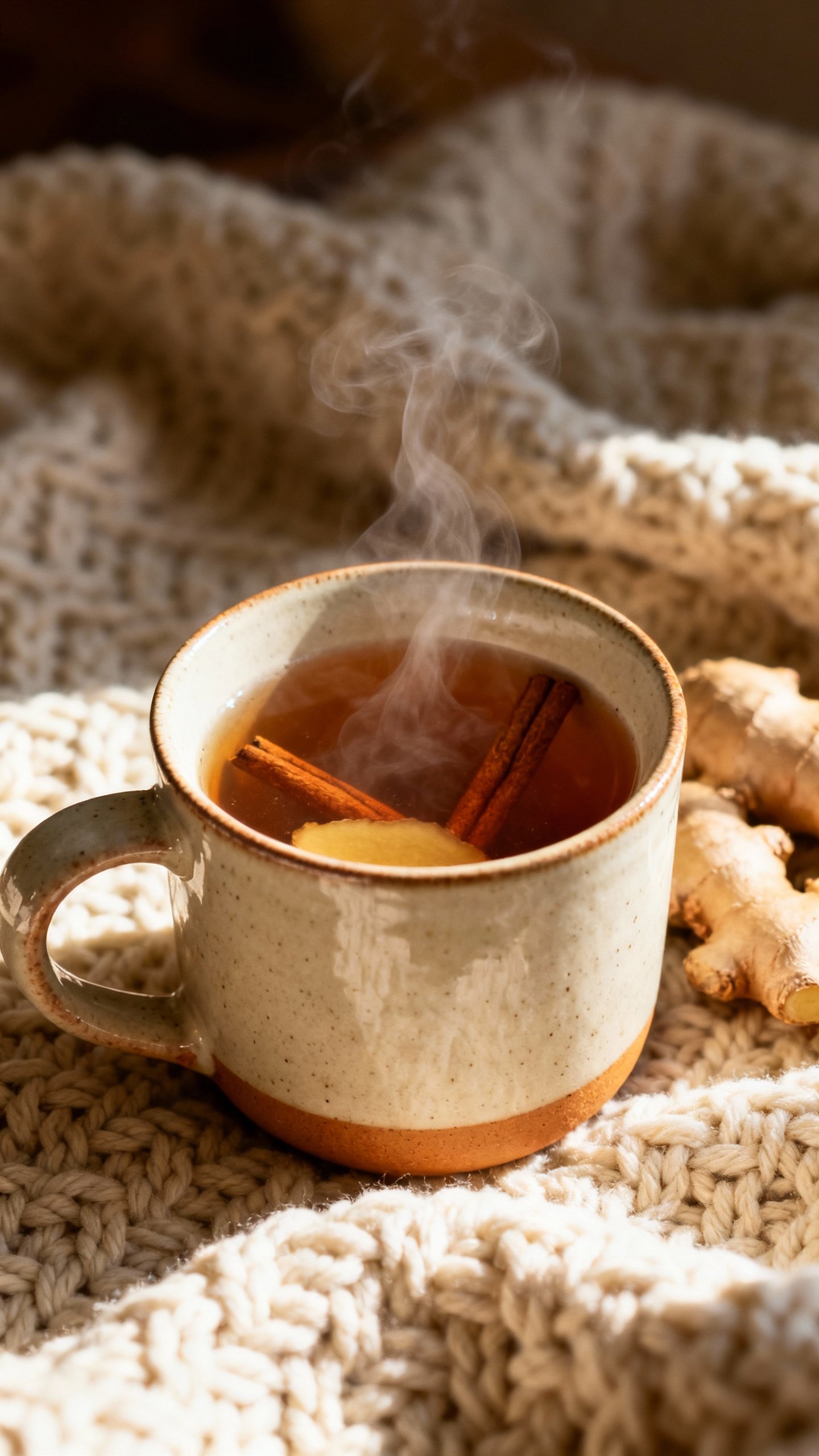 Steam rising from ginger cinnamon tea in ceramic mug, knitted blanket background