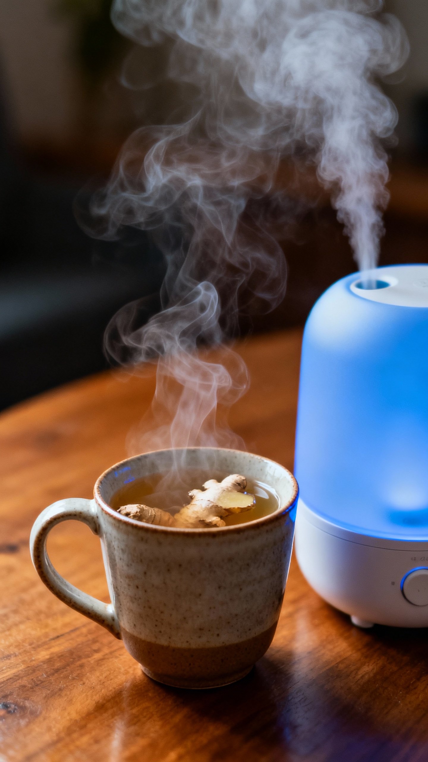 Steam rising from ginger tea beside cool-mist humidifier