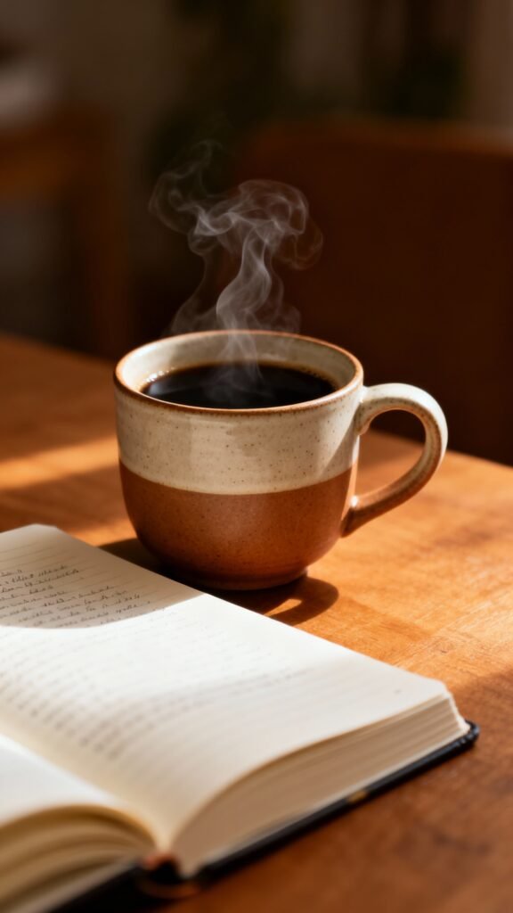 Steaming black coffee in ceramic mug beside open journal