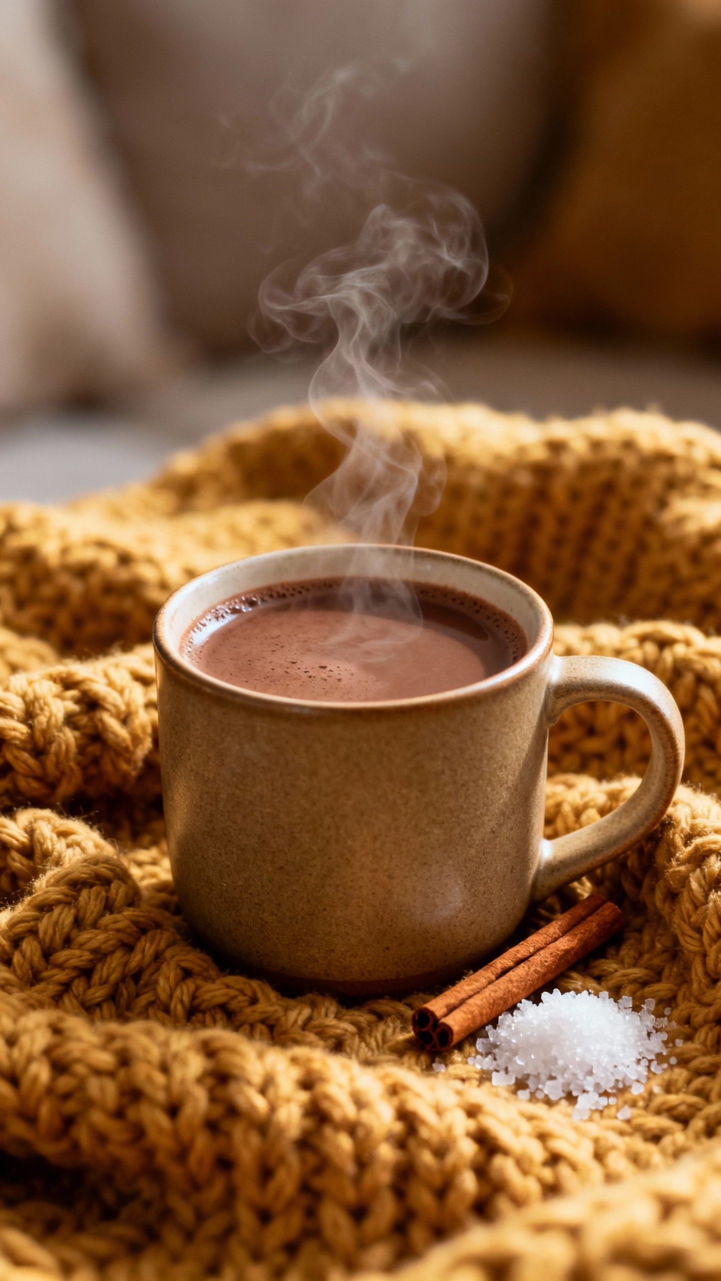 Steaming mug of hot chocolate on chunky knit blanket, cinnamon, sea salt