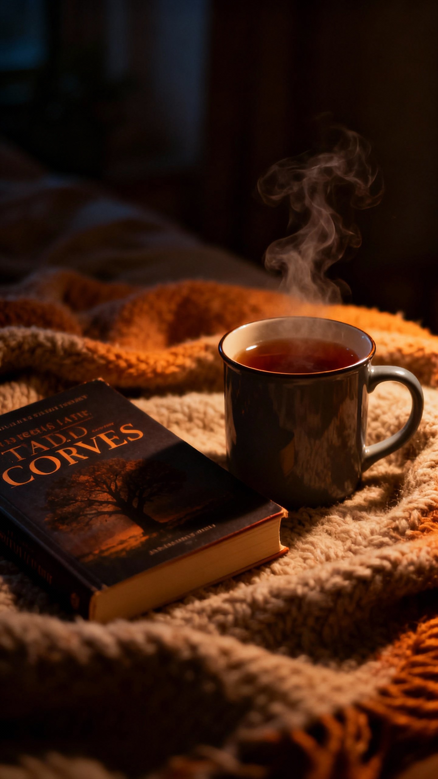 Steaming mug of tea beside paperback book, dim evening light, wool blanket texture
