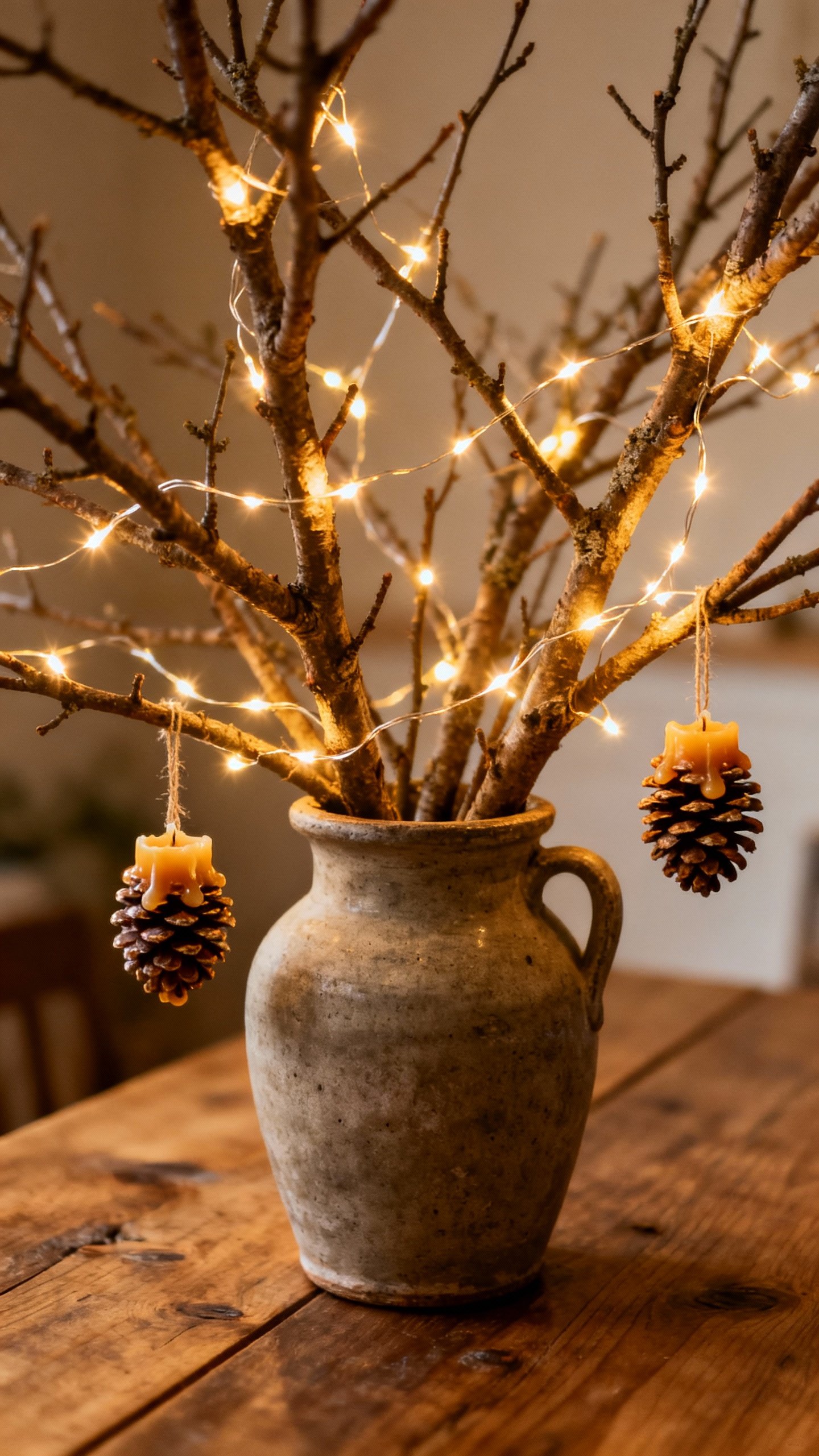 Tabletop foraged branch tree in stoneware crock, warm-white fairy lights, wax-dipped pinecone orname