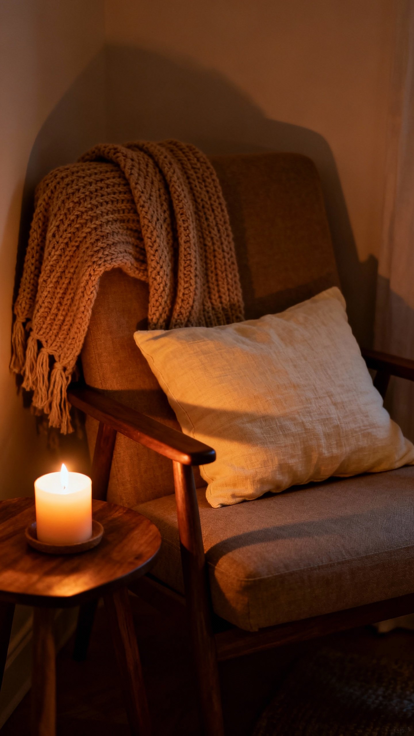 Tidy cozy corner chair with knit throw, linen pillow, lit candle, dim evening light