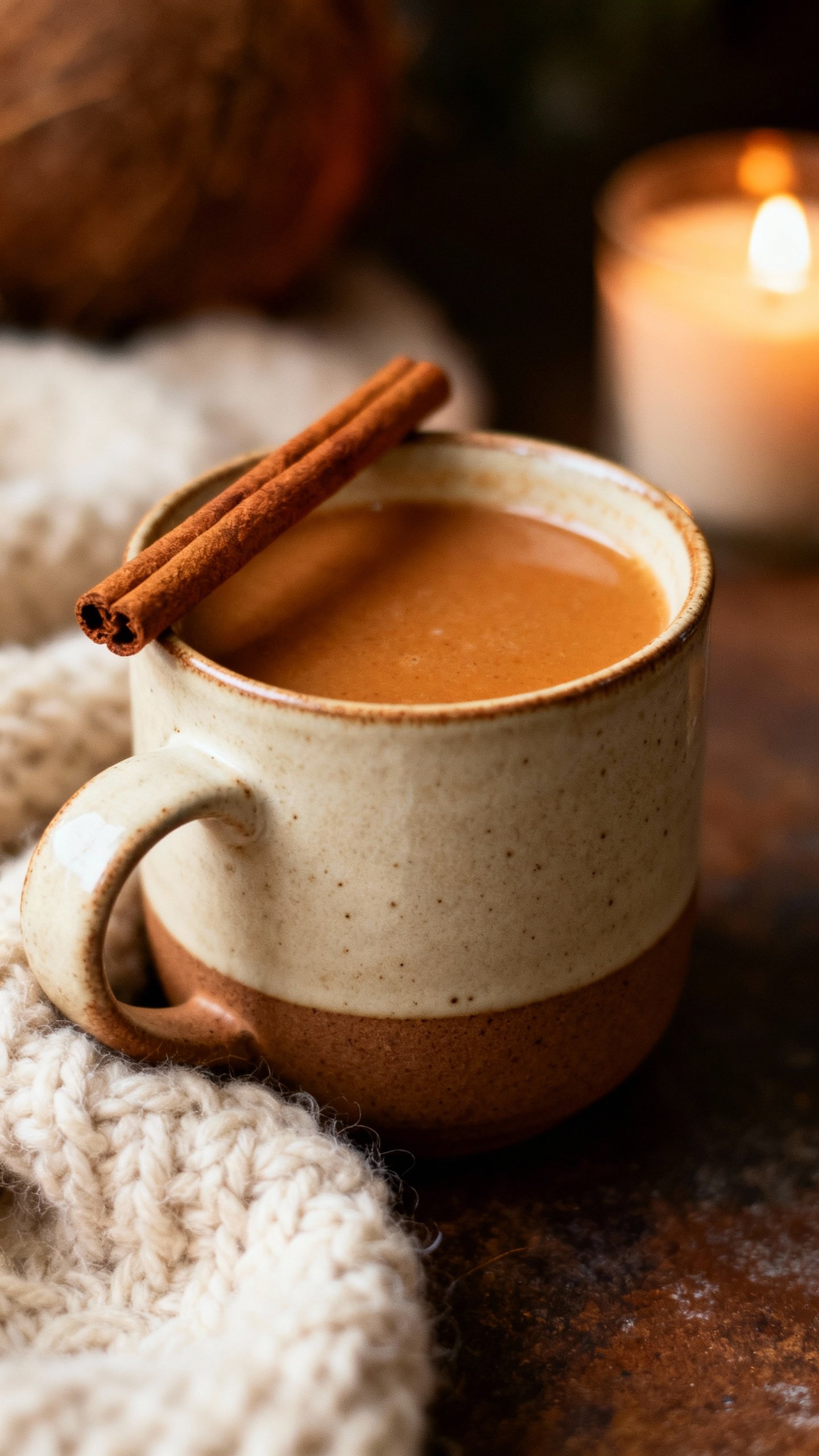 Warm chai coconut toddy in ceramic mug, cinnamon stick, wool blanket texture, soft candlelight
