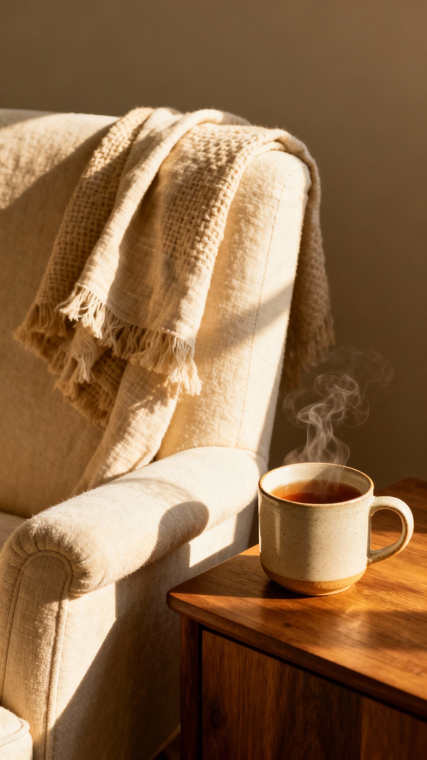 Warm-lit cozy corner: armchair, linen throw, steaming tea