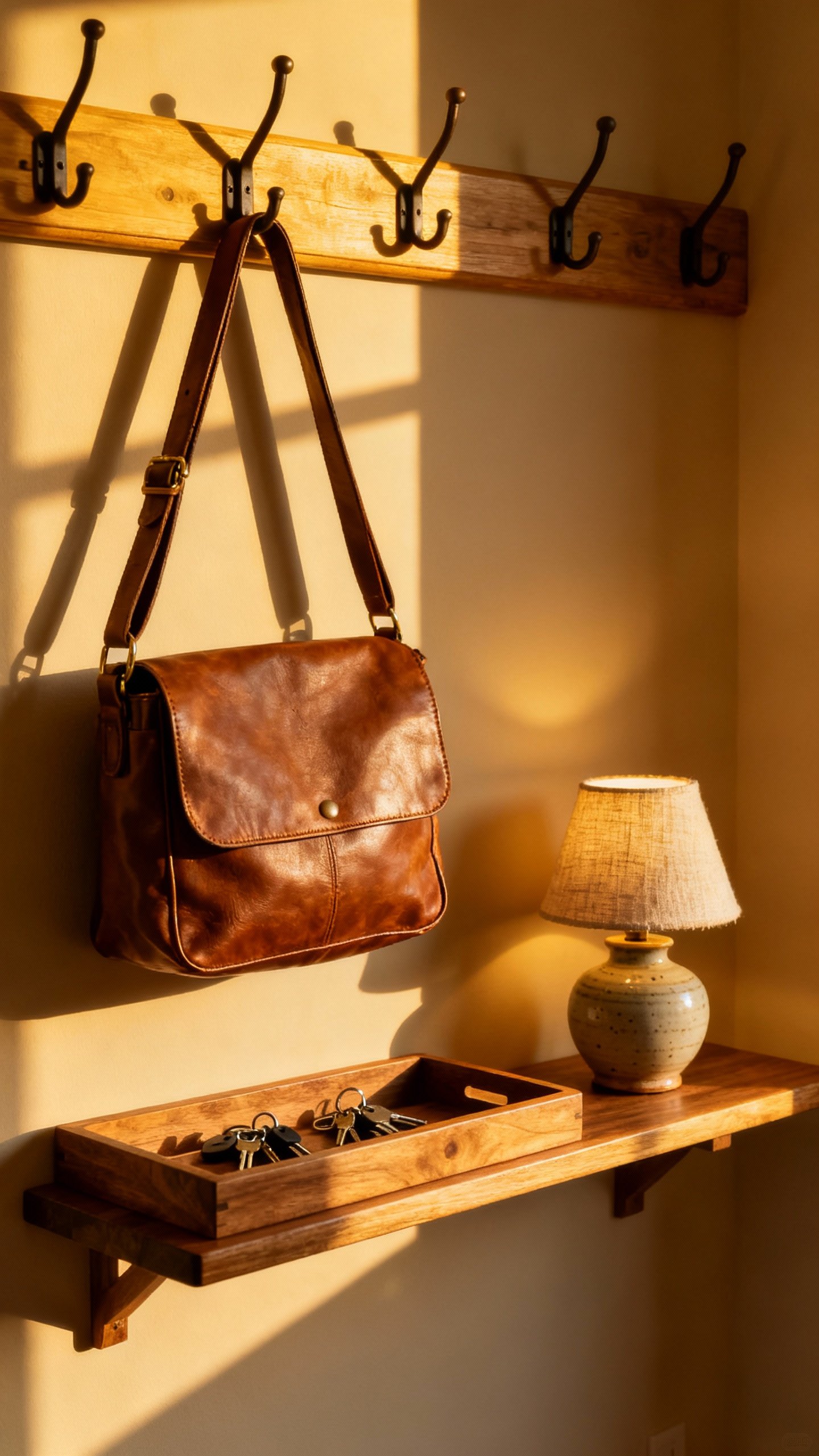 Warm-lit entryway hooks with bag, key tray, small lamp
