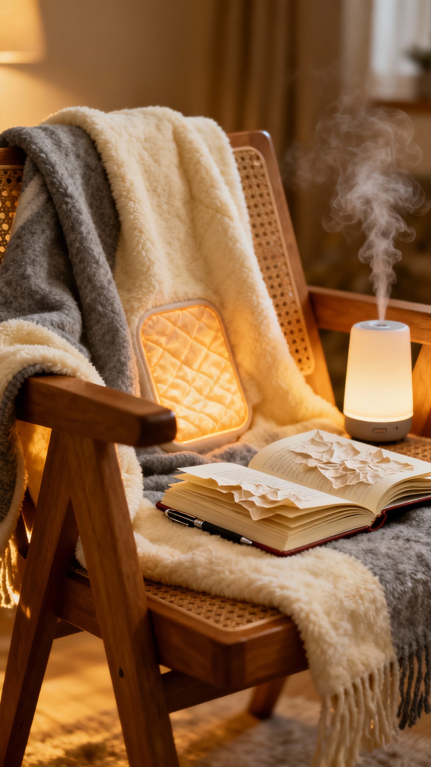 Winter nook scene: heated throw on chair, open journal, aroma diffuser mist