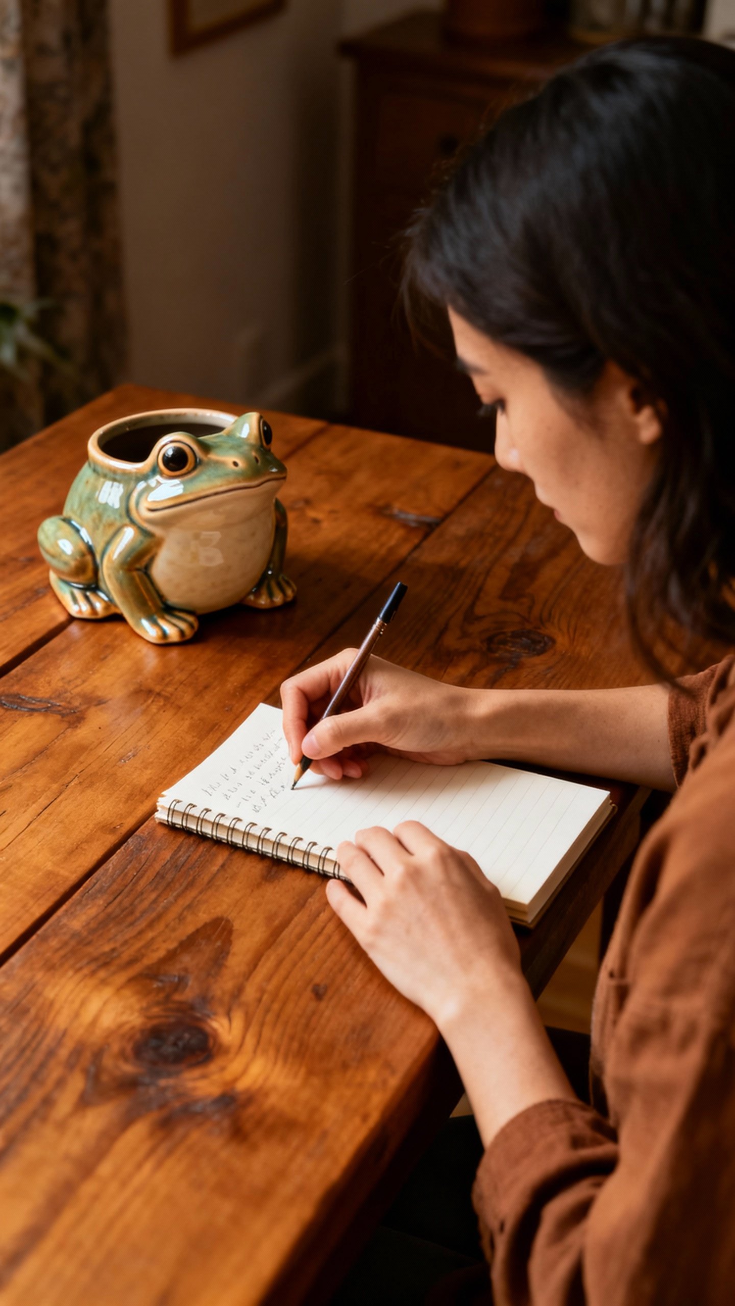 Woman journaling at wooden table, ceramic frog planter nearby