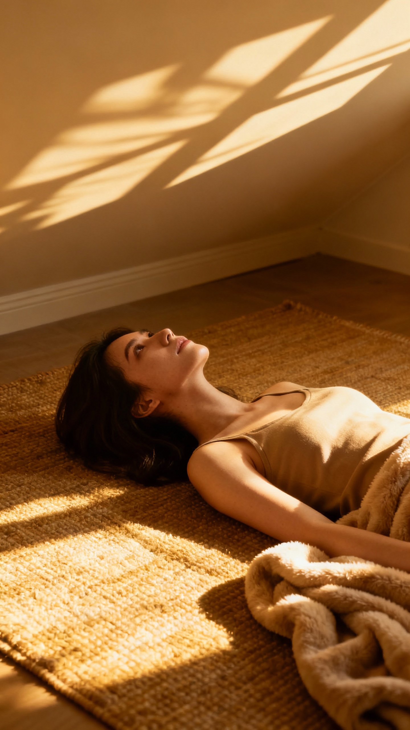 Woman lounging on sunlit rug, watching ceiling shadows, cozy blanket nearby