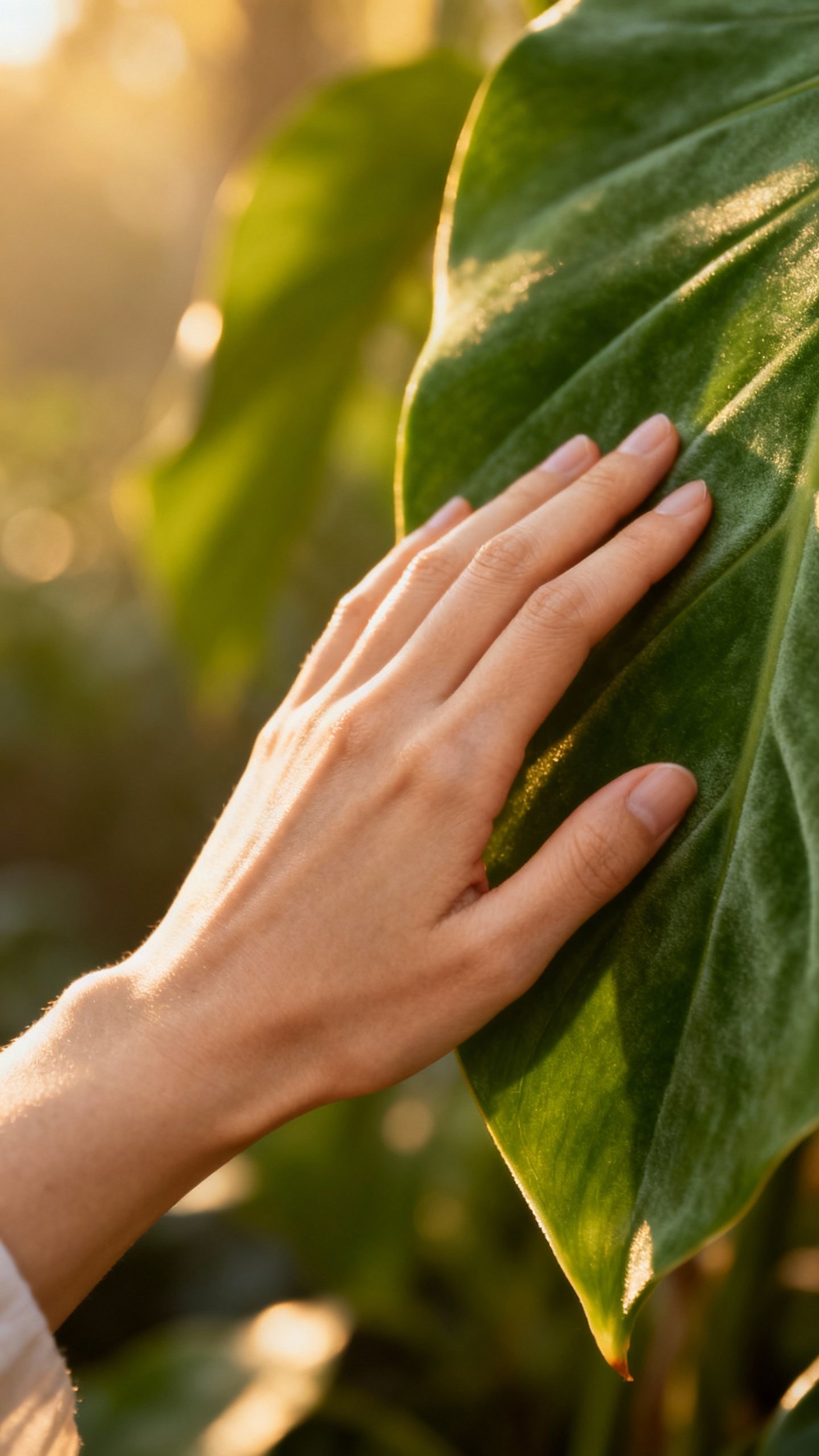 Woman’s hand gently brushing velvety green leaf, soft morning light