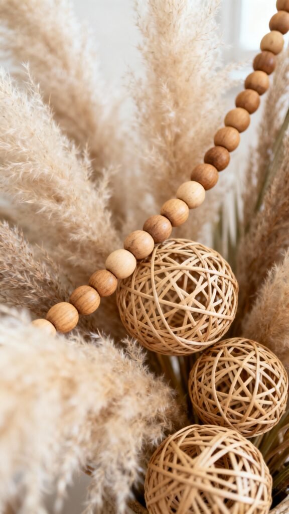 Wood bead garland draped over rattan balls and pampas plumes