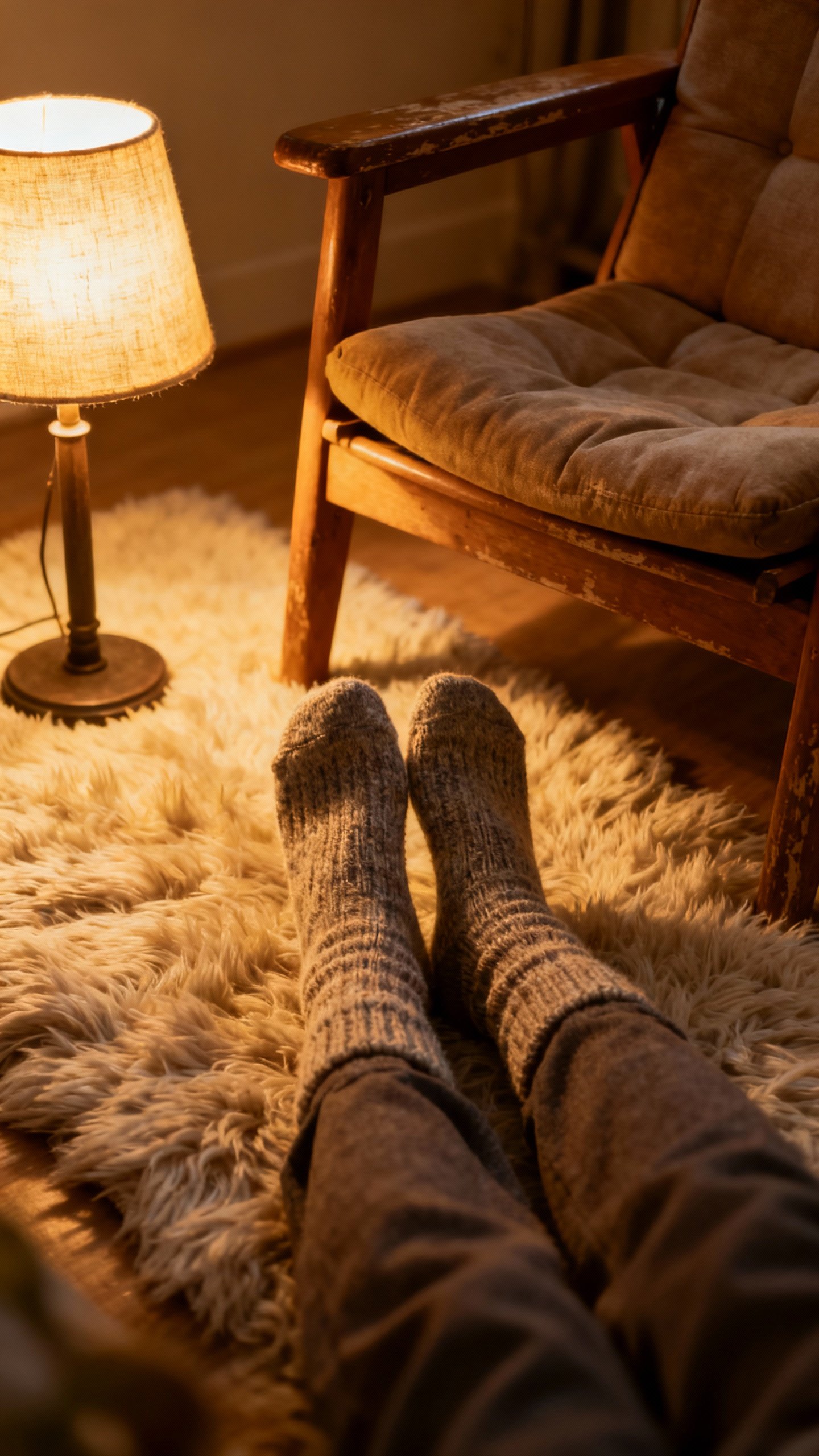 Wool-socked feet on soft rug beside reading chair, lamp glowing
