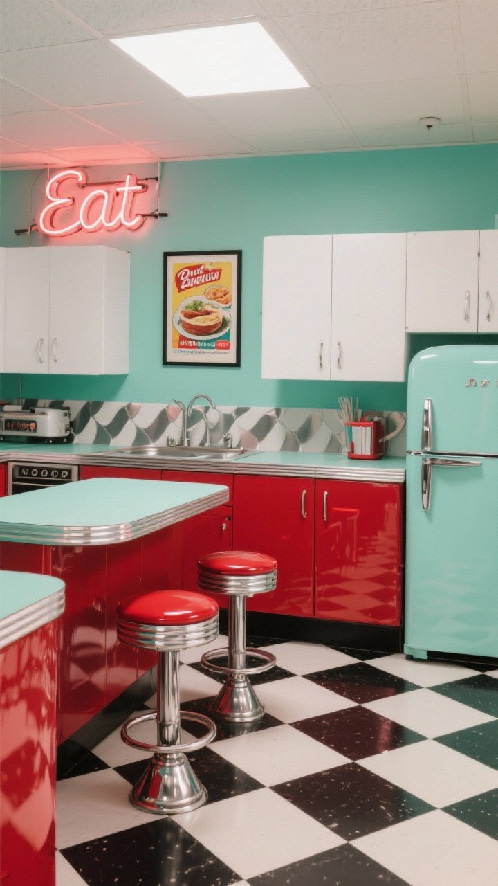 1950s diner-inspired kitchen, wide straight-on view: black-and-white checkerboard floor, glossy fire-engine red lower cabinets with white uppers, mint-green rounded retro fridge, chrome-edged boomerang-pattern laminate countertop, pair of cherry-red diner stools with chrome bases, curvy neon-esque “Eat” sign glow, framed vintage food ad on the wall, bright even lighting with a fun poppy vibe, photorealistic.