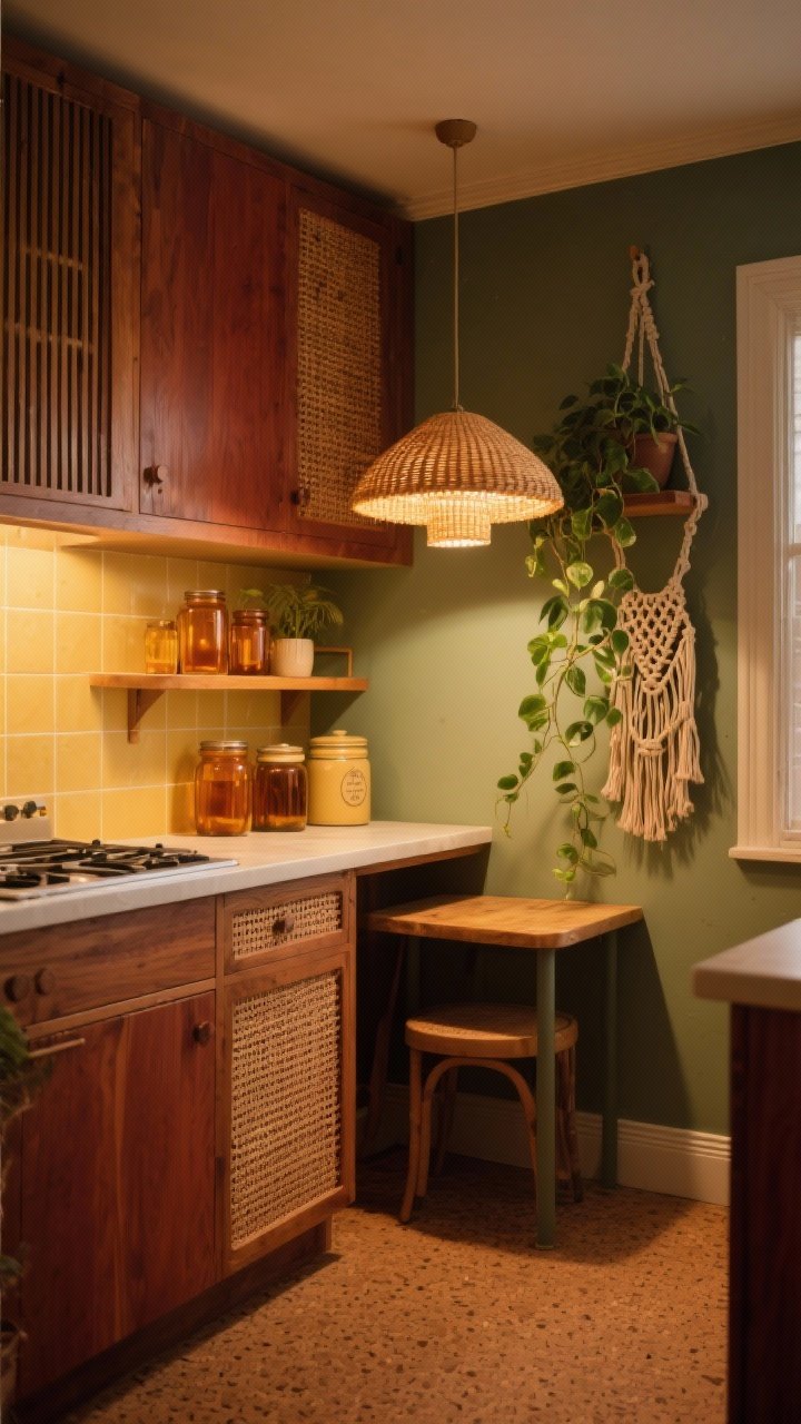 1970s warm retro kitchen corner, medium shot: caramel, rust, olive, and goldenrod tones throughout, slatted wood cabinetry with cane and rattan accents, cork-style warm flooring, rattan pendant or mushroom lamp over a small table, open shelves styled with amber glass and vintage canisters, macramé plant hanger with pothos trailing, cozy earthy evening light, photorealistic.