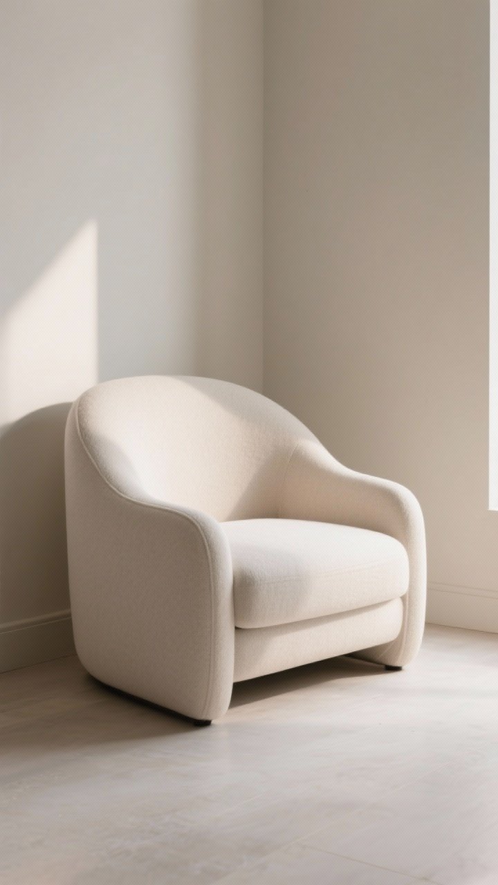 25 inches; set in a calm, airy room with neutral tones; corner angle view emphasizing the welcoming silhouette and elbow-friendly shape; soft daylight, no harsh shadows; minimal styling to highlight form over ornament.