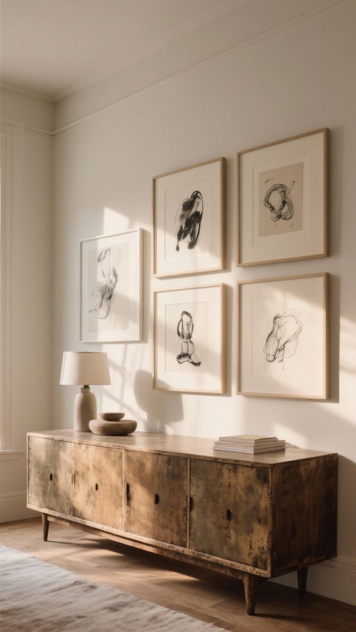 5–2 inches; neutral palette art with occasional charcoal drawings; warm afternoon light for a curated, calm feel; vintage credenza below for context.