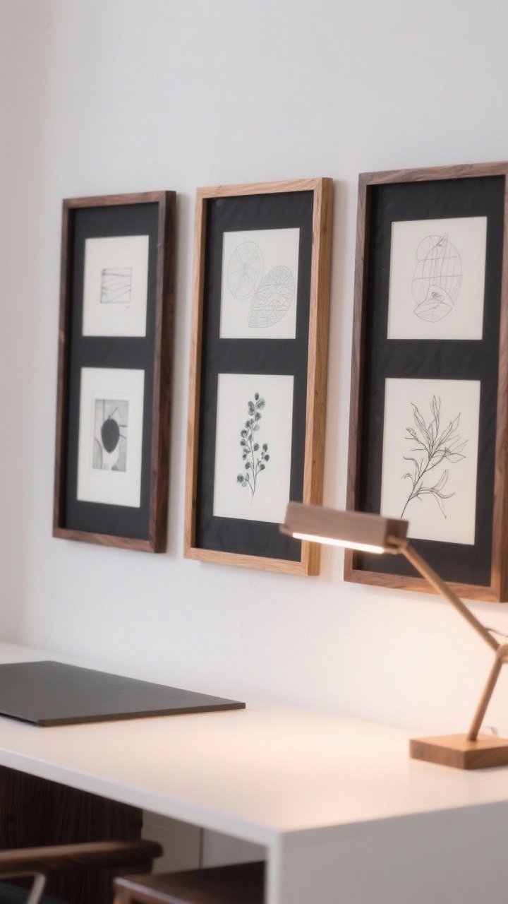 5-inch mats and two frame finishes only (black and natural oak); rhythmic repetition of three repeated sizes; subjects include graphic studies and botanical line art; soft desk lamp glow plus daylight for balanced warmth; clean, quiet composition.