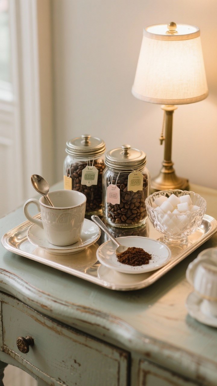 A close, straight-on vignette of a vintage-styled coffee and tea station. A silver-plated tray corrals ceramic mugs, a metal scoop, and tidy canisters. Vintage canning jars hold coffee beans and assorted tea bags. A milk glass bowl filled with sugar cubes sits beside. Add a petite table lamp casting a cozy 2700K glow on the setup, with a subtle reflection on the tray and faint coffee grounds in a saucer for realism.