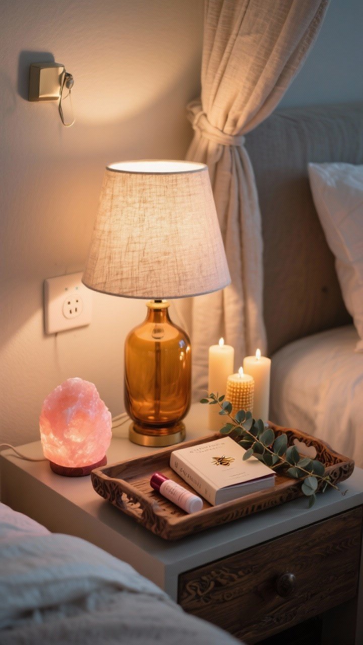 A closeup bedside vignette: an amber glass lamp with a linen shade casts a mellow, warm pool of light next to the canopy; a carved wood tray corrals lip balm, a paperback book, hand cream, and a sprig of eucalyptus; beeswax candles (and one LED candle with remote) add gentle flicker; a mini pink Himalayan salt lamp glows softly; optional plug-in sconce visible above, freeing nightstand space; intimate, cozy nighttime lighting.