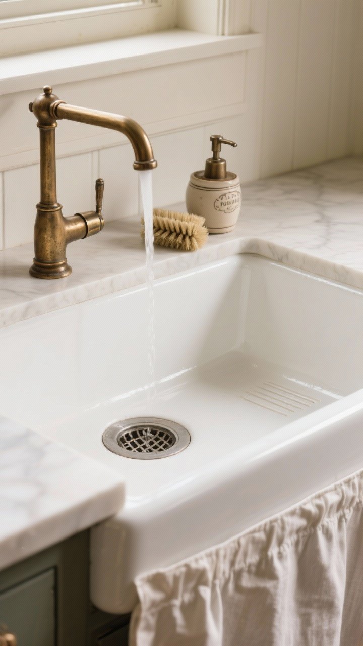 A closeup detail of a white apron-front farmhouse sink with a bridge faucet in aged brass, pull-down sprayer discreetly integrated; vintage-style soap pump and scrub brush nestled in a small crock on the counter; linear drain grid visible at the sink bottom to prevent scratches; alternative deep single-bowl undermount in frame edge; warm, diffused daylight highlighting glossy enamel and patinated metal, photorealistic.