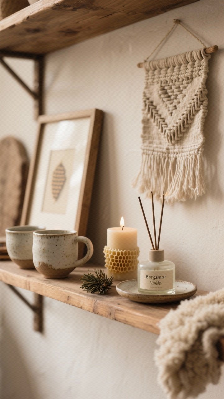 A closeup detail of meaningful, handmade touches on a wooden shelf: hand-thrown ceramic mugs and bowls with subtle, imperfect glazing; a small woven wall hanging or framed textile partially in frame; beeswax candles and a stick of cedar incense on a ceramic dish; a minimalist diffuser labeled bergamot and vanilla; seasonal tactility hinted by a folded sheepskin at the shelf edge; warm, intimate lighting highlighting natural textures; photorealistic.