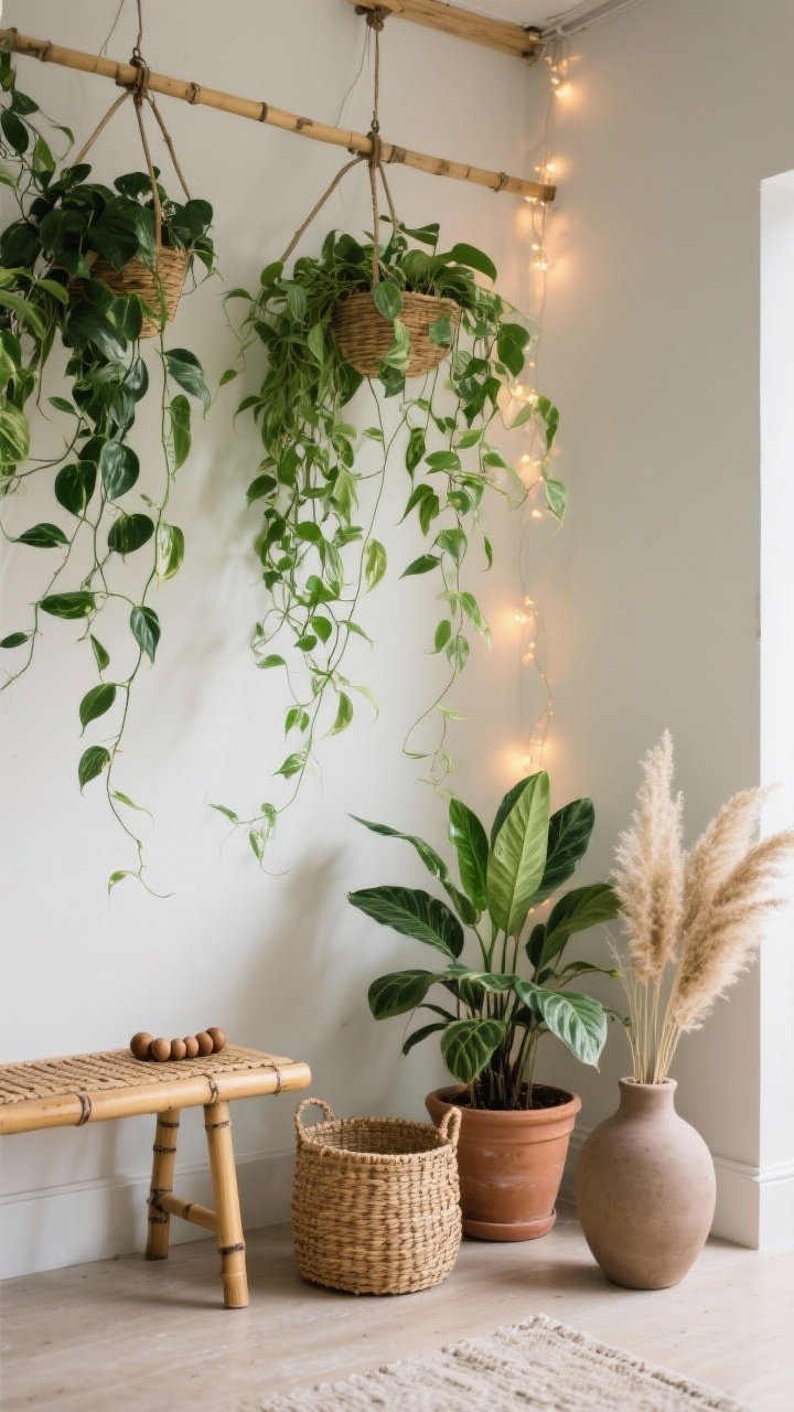A corner angle medium shot highlighting greenery and natural materials: pothos vines draped from canopy hooks creating a lush, trailing moment, with a sturdy ZZ plant in a clay pot on the floor; a rattan basket, bamboo bench, wooden beads, and a matte clay vase with dried pampas add earthy texture; fairy-light glow in the background balanced by fresh green; serene, photorealistic, softly lit.