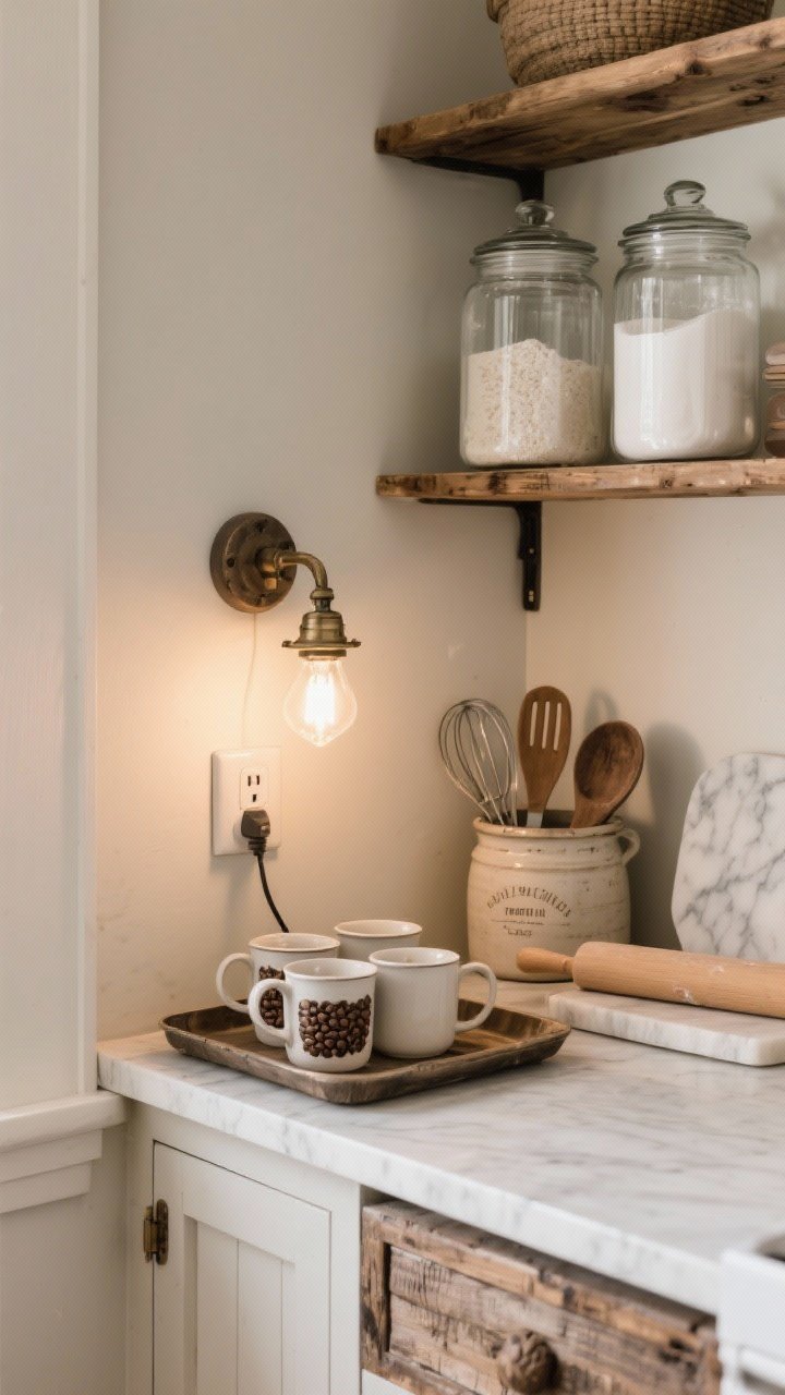A cozy corner coffee and baking station, medium shot: a defined coffee nook on a tray with mugs, beans, and a plug-in sconce or mini lamp casting soft warm light; adjacent baking zone with airtight jars of flour and sugar, measuring tools in a crock, and a small marble slab for rolling dough; rustic farmhouse textures in wood and ceramic, calm and organized, photographed from a slight corner angle.
