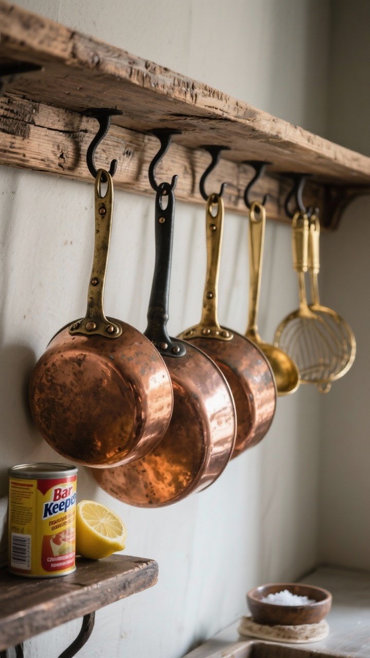 A detail closeup of a copper-and-brass cookware rail: old riveted-handled copper pans hung on a reclaimed wood rail with black S-hooks, mixed with brass ladles and skimmers for texture. Light grazes the metal, highlighting warm patina and gentle wear; subtle reflections suggest a French farmhouse vibe. Include a small tin of Bar Keepers Friend on a nearby shelf and a lemon with salt in a pinch bowl to hint at care routines. Moody, directional light for warmth.