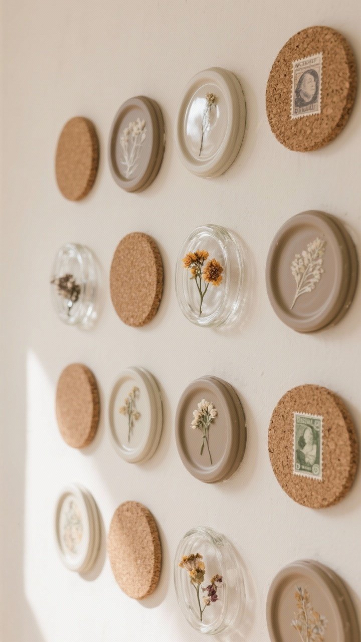 A detail closeup of jar lids turned into mini art and coasters: several lids painted in cohesive earthy neutrals arranged in a tidy wall grid, alongside a few coaster lids lined with cork circles and clear-coated; additional lids display dried flowers and vintage stamps under glossy resin; textures include matte paint, cork, and shiny resin, shot under soft, indirect light.