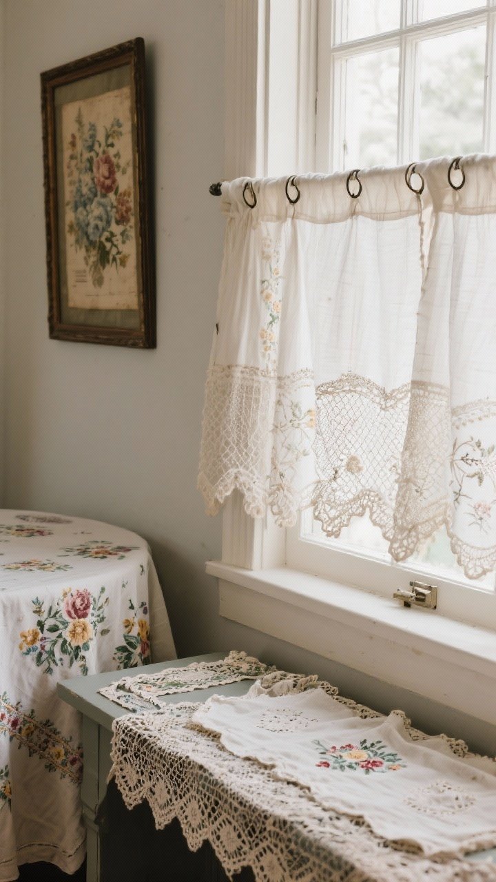 A detail closeup of vintage linens adding softness. Layered lace and embroidered runners across a console edge, a beautifully patterned tea towel framed as art on the wall behind, and an old floral tablecloth repurposed as café curtains hung with clip rings at a small window. Fabrics feel freshly laundered yet slightly patinated. Light filters through the café curtains, showcasing weave and embroidery textures.