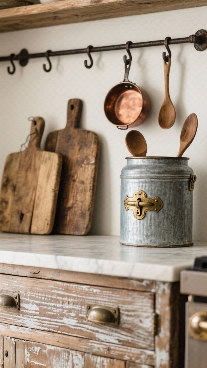 A detail vignette of aged finishes on a rustic counter: galvanized metal canister, antique brass bin pull hardware and latches on a raw wood drawer front, wrought iron pot rail with S-hooks holding a copper pan and wooden spoons; well-loved wood cutting boards with natural patina; softened wood tone achieved with liming wax; closeup texture shot with gentle side lighting to emphasize wear and patina.