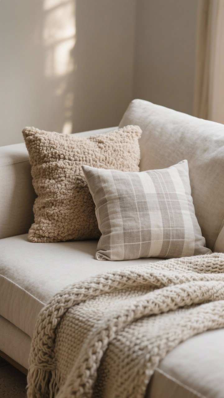 A detailed closeup of calming, cozy textures on a neutral sofa: a chunky knit throw in oatmeal, a bouclé pillow in mushroom, a linen cushion in soft greige, and a subtle waffle-knit blanket layered over the arm; include one restrained “hero” pattern on a single pillow (muted stripe or small check) alongside two quiet textures; soft, diffused natural light grazing the fabrics to highlight weave and tactility; warm, minimal background blur.