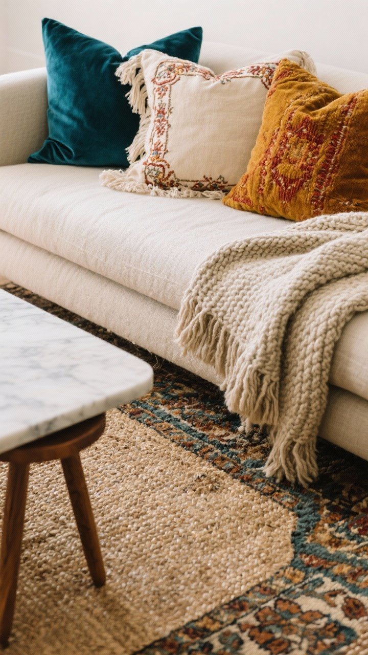 A detailed closeup of layered textures on a sofa corner: a jute base rug peeking beneath a patterned vintage-style wool rug, a pillow trio arranged together—one deep teal velvet, one cream linen with fringe trim, one embroidered in ochre and rust—plus a chunky knit throw draped casually; soft diffused daylight highlighting fabric weaves and nubby textures; marble-topped side table edge and a small wood stool leg entering the frame for contrast.