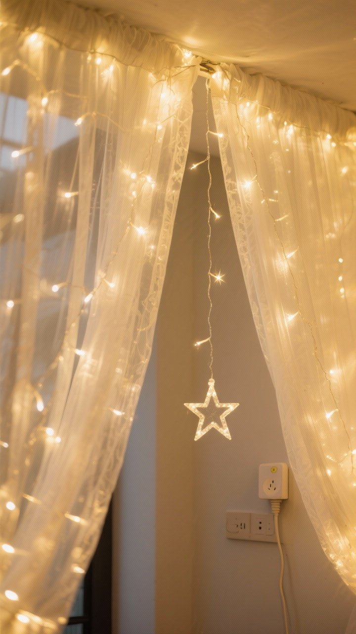 A detailed closeup of warm white micro LED fairy lights (2200K–2700K) woven behind sheer canopy drapes, the fabric softly diffusing the glow for a twinkly, weightless effect; include a strand of delicate star garland intertwined for subtle texture, and a small inline plug-in dimmer on the cord; low-light, golden ambiance with no glare, emphasizing the gentle dispersion through the fabric; photorealistic.